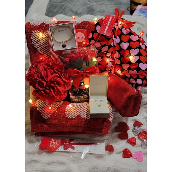 Valentine's Day Gift Basket Jewelry Set Chocolate Roses and Blanket Heart PJs